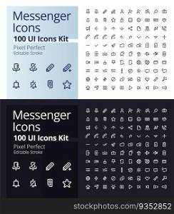 Messenger pixel perfect linear ui icons kit for dark, light mode. Online communication. Outline isolated user interface elements for night, day themes. Editable stroke. Poppins font used. Messenger pixel perfect linear ui icons kit for dark, light mode