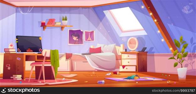 Messy girl bedroom on attic. Vector cartoon interior of mansard with dirty furniture and clothes, unmade bed and trash. Teenager room with chaos, unmade bed, mess and clutter. Messy girl bedroom interior on attic