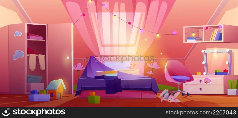 Messy girl bedroom on attic with unmade bed, open cupboard with clothes and scattered toys. Vector cartoon illustration of untidy kids mansard room interior with closet, chair and mirror on dresser. Messy girl bedroom on attic with unmade bed