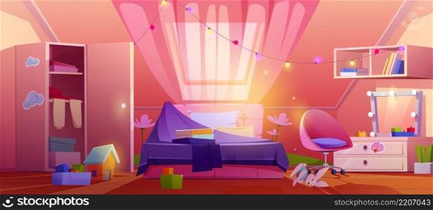 Messy girl bedroom on attic with unmade bed, open cupboard with clothes and scattered toys. Vector cartoon illustration of untidy kids mansard room interior with closet, chair and mirror on dresser. Messy girl bedroom on attic with unmade bed