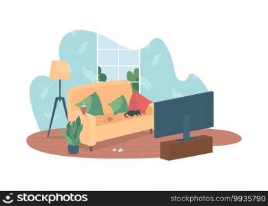Messy living room 2D vector web banner, poster. Bad habit. Dirty sofa in front of TV. Home with clutter flat scene on cartoon background. Apartment of lazy person printable patch, colorful web element. Messy living room 2D vector web banner, poster