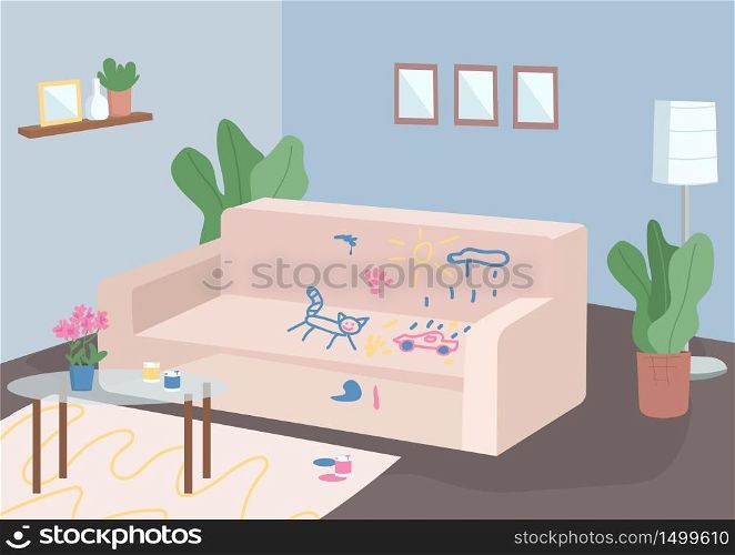 Messy living room flat color vector illustration. Empty room 2D cartoon interior with furniture on background. Child mischief, bad behaviour. Couch painted with kids drawings. Stressful parenthood. Messy living room flat color vector illustration