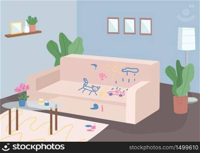 Messy living room flat color vector illustration. Empty room 2D cartoon interior with furniture on background. Child mischief, bad behaviour. Couch painted with kids drawings. Stressful parenthood. Messy living room flat color vector illustration