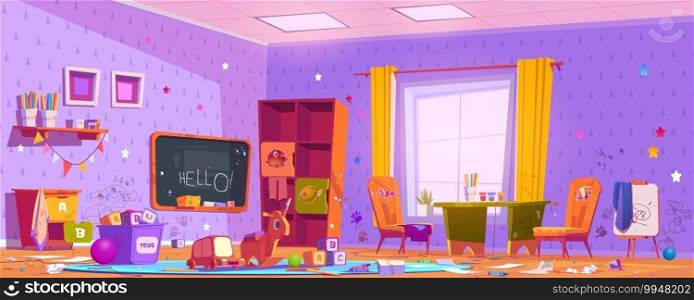 Messy room in kindergarten with drawings on furniture and walls, clutter and trash. Vector cartoon interior of kids playroom with dirty chalkboard, desk and chair, scattered garbage and toys. Messy kids playroom interior in kindergarten