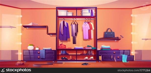 Messy walk-in closet, dressing room interior with scattered male and female clothes, shoes and accessories lying around the floor, stick up of drawers, chaos in wardrobe, Cartoon vector illustration. Messy walk-in closet, dressing room interior.