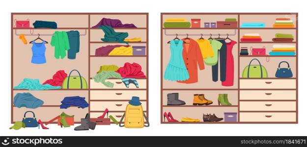 Messy wardrobe, open closet before and after organizing clothes. Tidy or untidy wardrobe, clothing declutter and organization vector illustration. Arranged and scattered outfits and accessories. Messy wardrobe, open closet before and after organizing clothes. Tidy or untidy wardrobe, clothing declutter and organization vector illustration