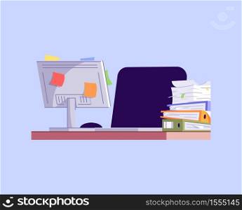 Messy workplace semi flat RGB color vector illustration. Workaholism problem, overworking issue. Unorganized office worker, corporate employee workspace isolated cartoon object on blue background. Messy workplace semi flat RGB color vector illustration