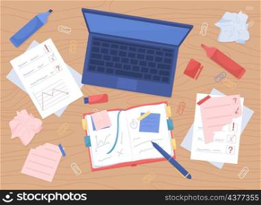 Messy workspace flat color vector illustration. Freelancer workspace. Chaotic deskspace with stationery. Pens and paper. Top view 2D cartoon illustration with desktop on background collection. Messy workspace flat color vector illustration