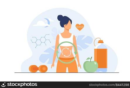 Metabolic process of woman on diet. Digestion system, food energy, hormone system flat vector illustration. Healthy eating concept for banner, website design or landing web page