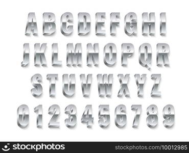 Metal 3d font. Realistic silver capital english letters and numbers, modern white steel alphabet collection, chrome typography, platinum abc symbols letters design gray colors. Vector isolated set. Metal 3d font. Realistic silver capital english letters and numbers, modern white steel alphabet collection, chrome typography, platinum abc symbols letters design, vector isolated set
