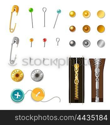 Metal Accessories Set. Metal accessories set including colored safety pins buckles and zippers isolated vector illustration