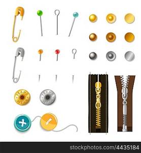 Metal Accessories Set. Metal accessories set including colored safety pins buckles and zippers isolated vector illustration
