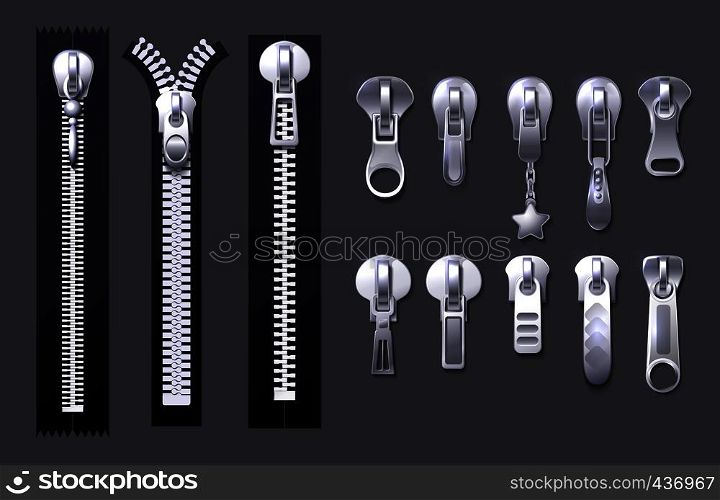 Metal and plastic fasteners, zippers. Garment components and handbag accessories vector set. Fastener and zipper isolated, realistic zippered accessories illustration. Metal and plastic fasteners, zippers. Garment components and handbag accessories vector set