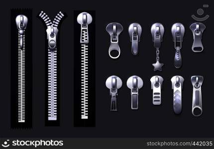Metal and plastic fasteners, zippers. Garment components and handbag accessories vector set. Fastener and zipper isolated, realistic zippered accessories illustration. Metal and plastic fasteners, zippers. Garment components and handbag accessories vector set
