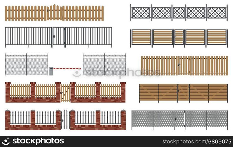 Metal and wooden fences and gates.. Metal and wooden fences and gates in flat style. Simple vector illustration.