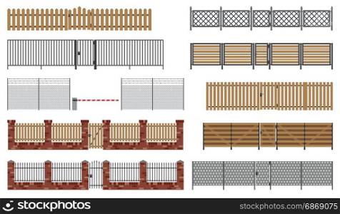 Metal and wooden fences and gates.. Metal and wooden fences and gates in flat style. Simple vector illustration.