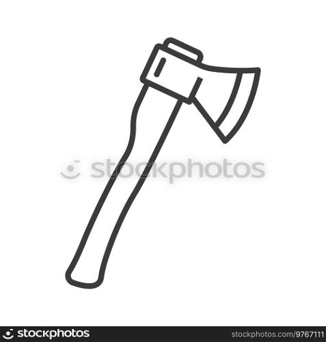 Metal axe on wood handle isolated repair tool outline icon. Vector harvest timber weapon, metal ax on handle, repair tool. Instrument to split or cut wood with sharp blade, heraldic symbol. Single-bit felling axe, hiking climbing equipment