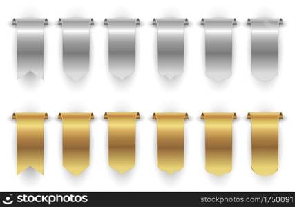 Metal banners. Gold silver ribbon isolated on white background. Hanging banners vector set. Ribbon silver and gold, tag banner golden decorative illustration. Metal banners. Gold silver ribbon isolated on white background. Hanging banners vector set
