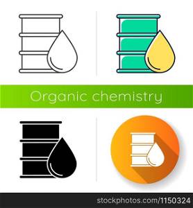 Metal barrel of oil icon. Organic chemistry prodcts. Petrol steel container. Fuel industry. Production of oil. Flat design, linear, black and color styles. Isolated vector illustrations