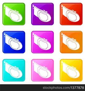 Metal belt buckle icons set 9 color collection isolated on white for any design. Metal belt buckle icons set 9 color collection