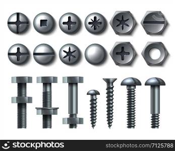 Metal bolt and screw. Realistic steel nails, rivets and stainless self-tapping screw heads with nuts and washers. Vector illustration repair set isolate fasteners for equipment tool and furniture. Metal bolt and screw. Realistic steel nails, rivets and stainless self-tapping screw heads with nuts and washers. Vector repair set