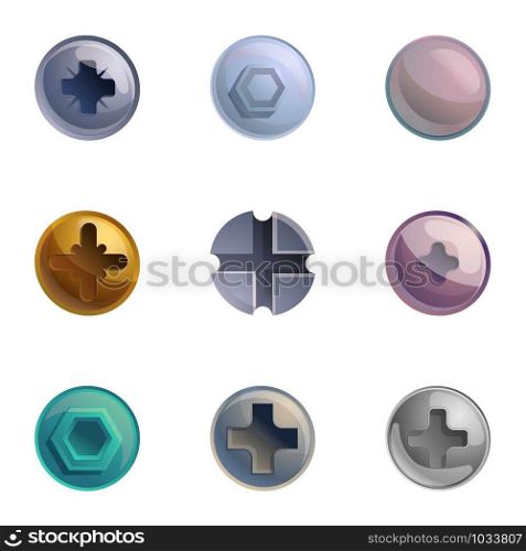 Metal bolt head icon set. Cartoon set of 9 metal bolt head vector icons for web design isolated on white background. Metal bolt head icon set, cartoon style