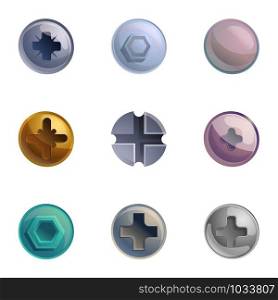 Metal bolt head icon set. Cartoon set of 9 metal bolt head vector icons for web design isolated on white background. Metal bolt head icon set, cartoon style