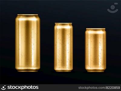 Metal cans with water drops, gold colored container for soda or energy drink, lemonade or beer. Isolated golden empty mockup with cold condensation for brand design template realistic 3d vector set. Metal cans with water drops gold colored container