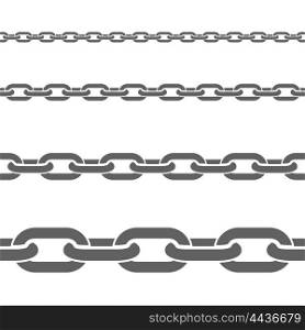 Metal Chains Horizontal Flat Patterns Set . Stainless metal broad and thin steel chains fragments set for decorative seamless border black flat vector illustration