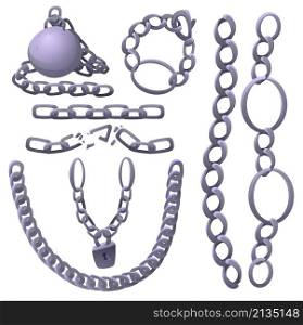 Metal chains with whole and broken links made of silver, chrome or steel, bob and padlock, connected stainless rings. Heavy decorative elements isolated on white background Cartoon vector illustration. Metal chains with whole and broken links and lock