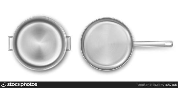 Metal cooking pot and frying pan top view. Vector realistic mockup of empty steel saucepan and skillet. Stainless casserole with handles isolated on white background. Empty metal cooking pot and frying pan top view
