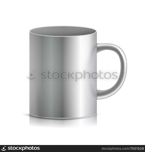 Metal Cup, Mug Vector. 3D Realistic Metallic Chrome, Silver Cup Isolated On White Background. Classic Mug With Handle Illustration. For Business Branding. Metal Cup, Mug Vector. 3D Realistic Metallic Chrome, Silver Cup Isolated On White Background. Classic Mug With Handle Illustration.