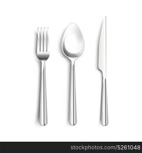 Metal Cutlery Realistic Set. Metal shiny cutlery realistic set with knife fork spoon with black stripe on handle isolated vector illustration