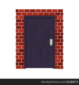 Metal door and brick wall icon in cartoon style on a white background. Metal door and brick wall icon, cartoon style