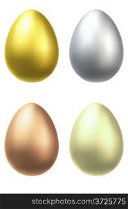Metal eggs realistic vector illustration  silver, gold, bronze, copper.