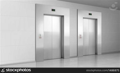 Metal elevator doors in hallway perspective view. Vector realistic empty modern office or hotel lobby interior with lift, metal panel with buttons and floor display on wall. Metal elevator doors in modern office hallway