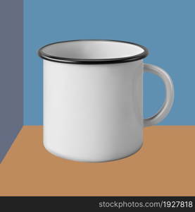 Metal enamel mug. Good old times. Mock up, template, blank. Vector illustration with isolated chromatic background. 3d-render