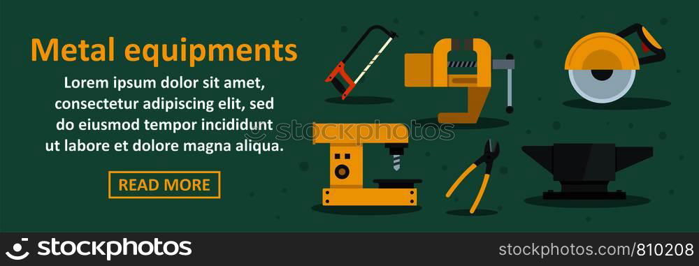 Metal equipments banner horizontal concept. Flat illustration of metal equipments banner horizontal vector concept for web design. Metal equipments banner horizontal concept