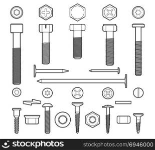 Metal fasteners line icons set. Metal fasteners line vector. Linear screws, nuts and bolts isolated on white background