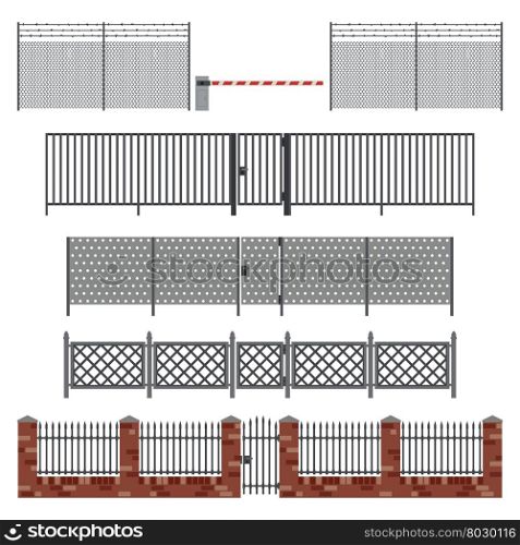 Metal fences and gates in flat style. Simple vector illustration.