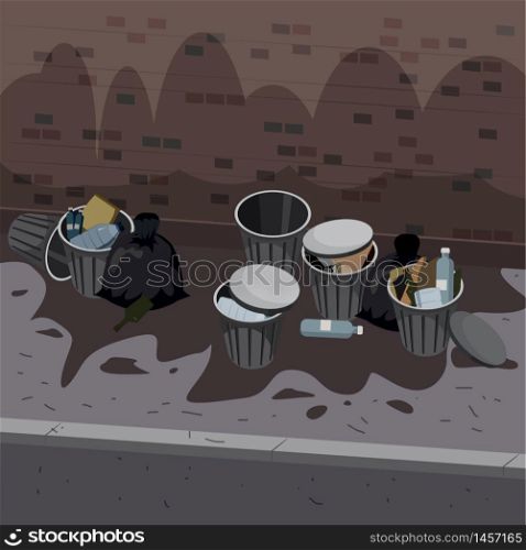Metal garbage containers with unsorted trash disposed on the street exterior. Metal garbage containers with unsorted trash disposed on the street exterior. Rubbish and trash bags lying around dump. Scene with pile of waste that smells ugly and started to decompose. Vector isolated on white