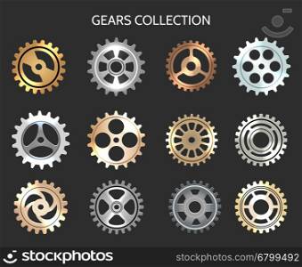 Metal gears or clock cogwheels icons. Metal gears vector illustration. Metallic clock cogwheels isolated on black background