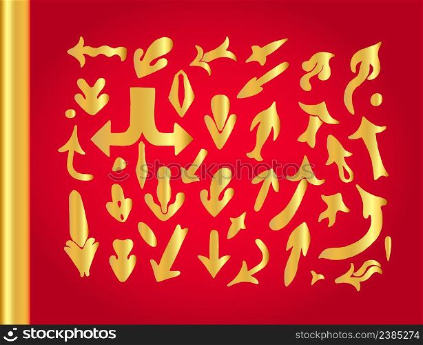 Metal gold arrow symbol. Glossy shapes with reflection on red background. Set of golden arrows