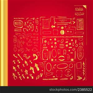 Metal gold arrow symbol. Glossy shapes with reflection on red background. Set of golden arrows