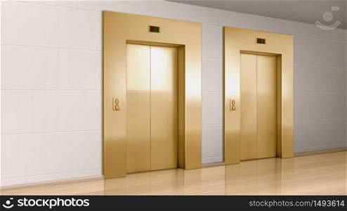 Metal golden elevator doors in hallway perspective view. Vector realistic empty modern office or hotel lobby interior with lift, metal panel with buttons and floor display on wall. Metal elevator doors in modern office hallway