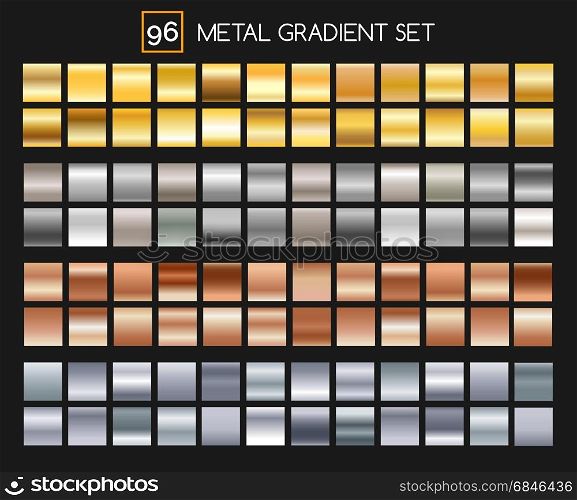 Metal gradient collection. Metal gradient collection. Shiny gold and silver, bronze and aluminum, roseate texture gradients with reflexions. Vector illustration