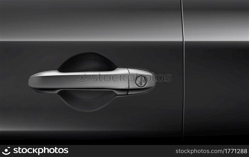 Metal handle for open, close and lock car door. Vector realistic illustration of steel vehicle handle with key hole on black background. Part of modern automobile door. Black car door with metal handle and keyhole