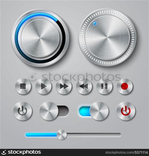 Metal interface buttons collection for power volume playback control vector illustration