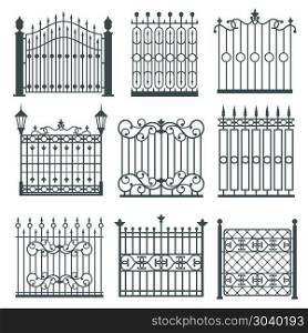 Metal iron gates, grilles, fences vector set. Metal iron gates, grilles, fences with ornamental antique pattern. Vector illustration