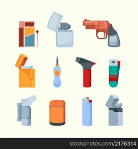Metal lighter. Flame from gas lighter for cigarettes garish vector colored flat pictures collection. Fire lighter with gas fuel, flammable lighting illustration. Metal lighter. Flame from gas lighter for cigarettes garish vector colored flat pictures collection